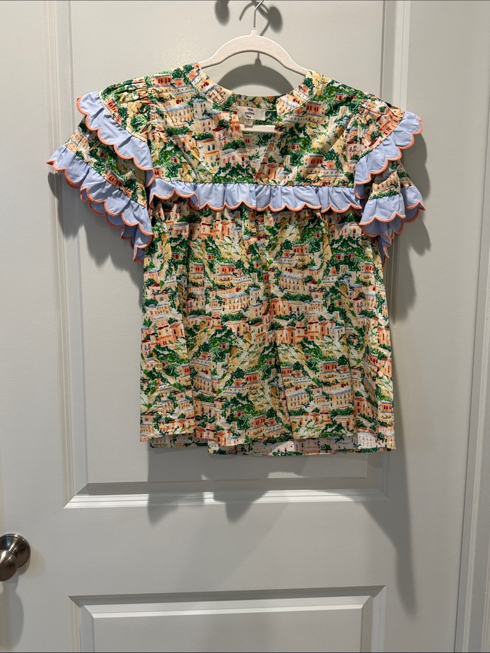 entro Girls Multi-Color Village Print Ruffle Top with Blue Trim
